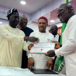 Rt. Hon. Sheriff Francis Orhowedor Oborevwori receiving his certificate of return from Peoples Democratic Party Chairman, Dr. Iyorchia Ayu | Delta 2023: Conspiracy to Destroy Rt. Hon. Sheriff Francis Orhowedor Oborevwori Shall Not Stand!
